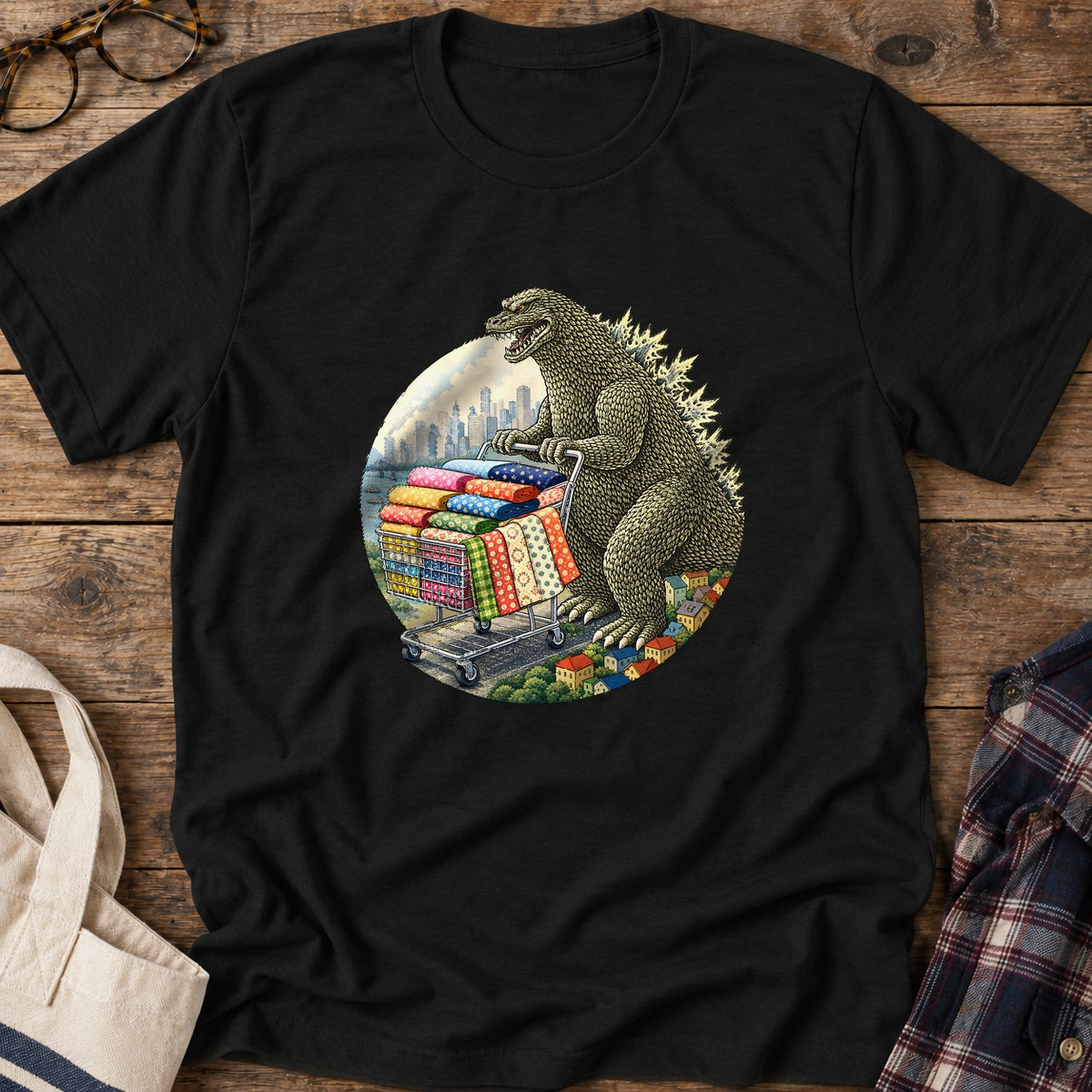 Fabric Hoarding Dinosaur T-Shirt in Black