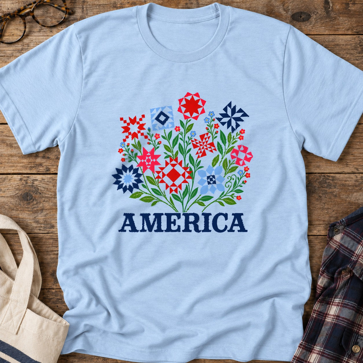 Americana Quilt Blooms T-Shirt in Light Blue