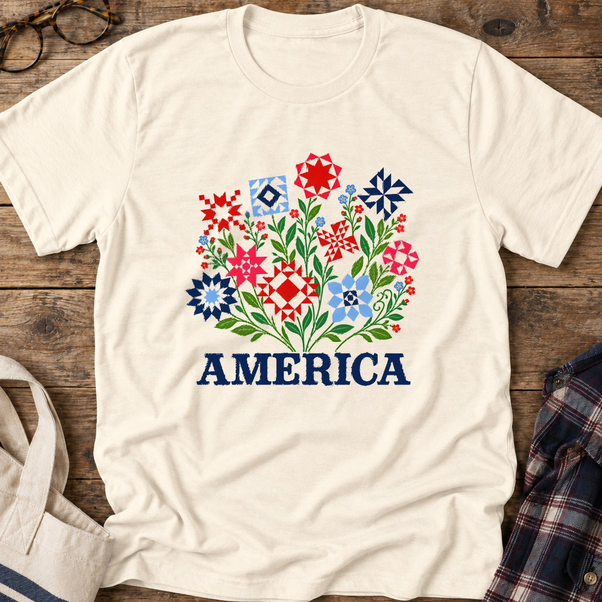 Americana Quilt Blooms T-Shirt in Natural
