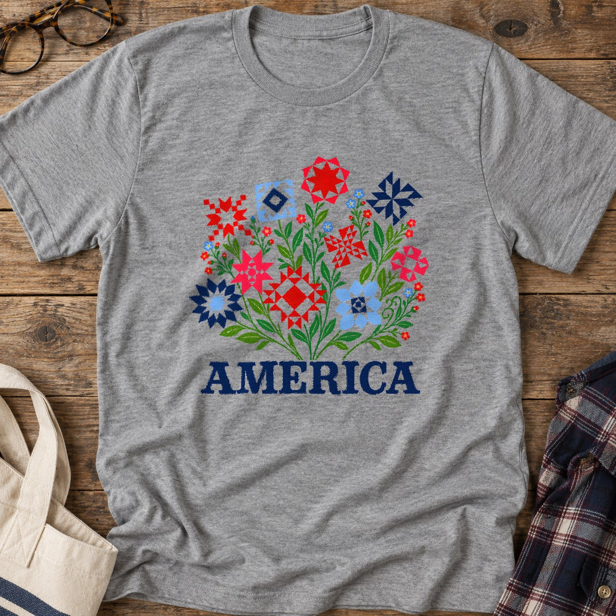 Americana Quilt Blooms T-Shirt in Sport Grey