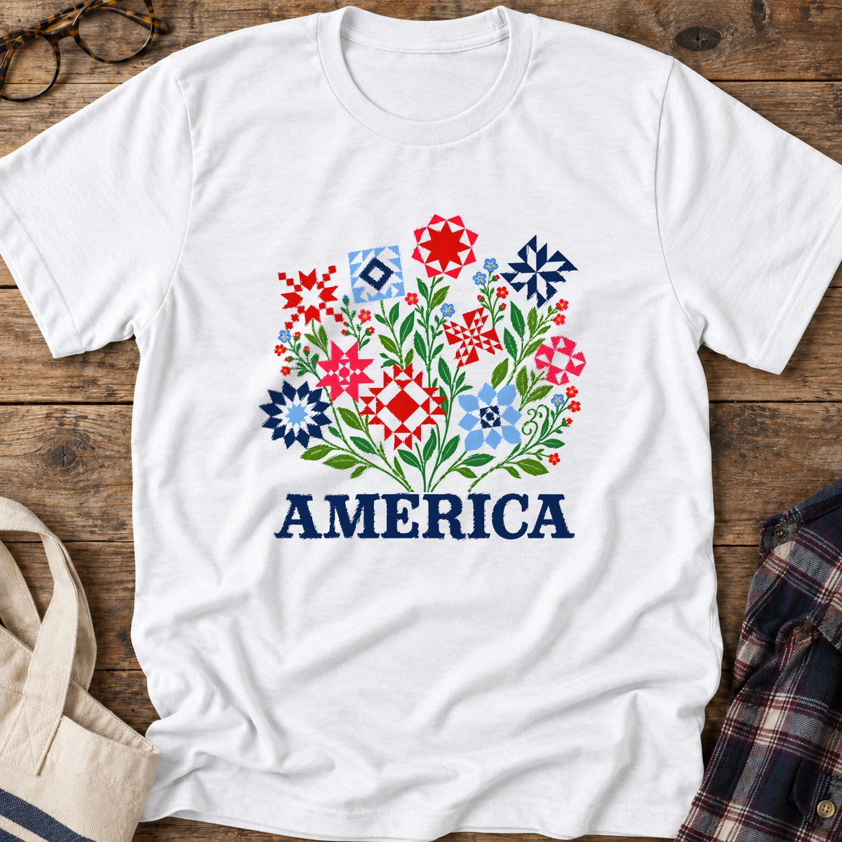 Americana Quilt Blooms T-Shirt in White