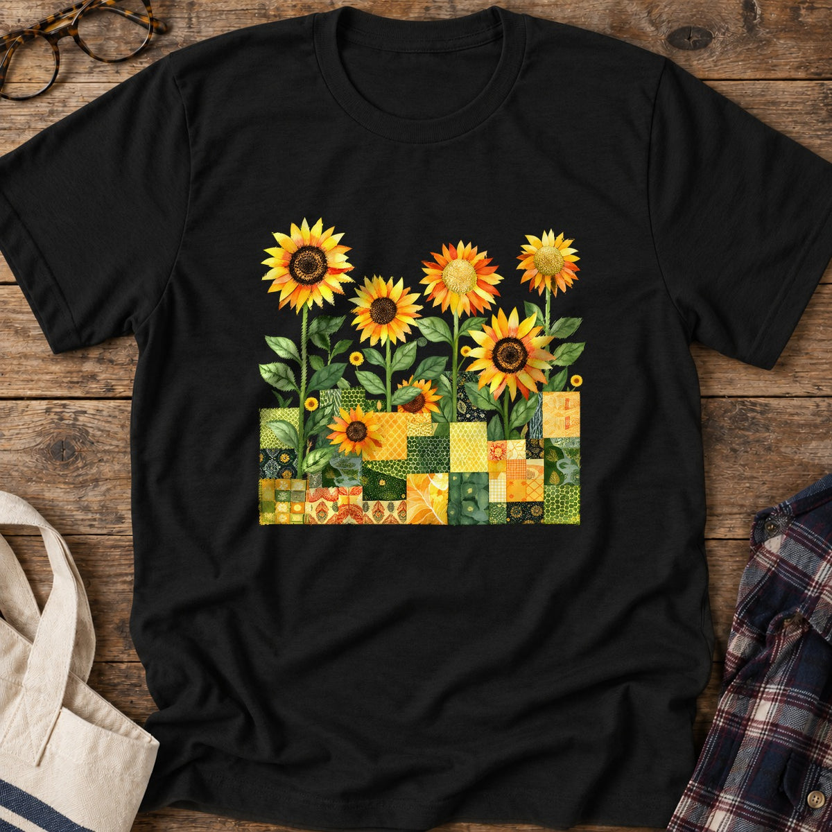 Quilted Sunflower Field T-Shirt in Black