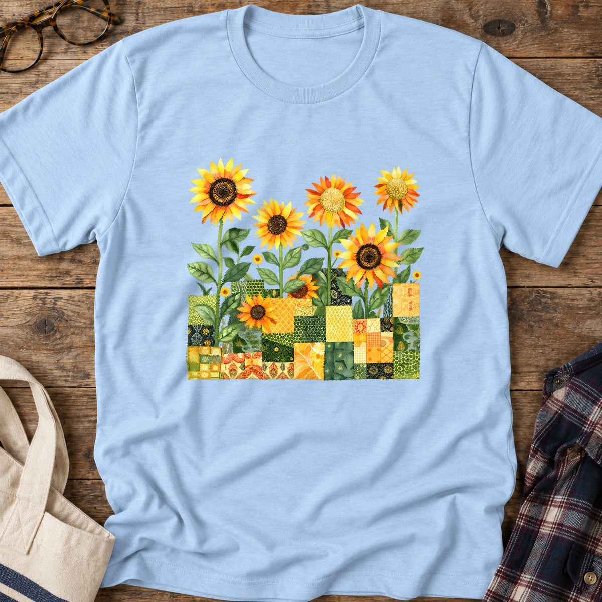 Quilted Sunflower Field T-Shirt in Light Blue