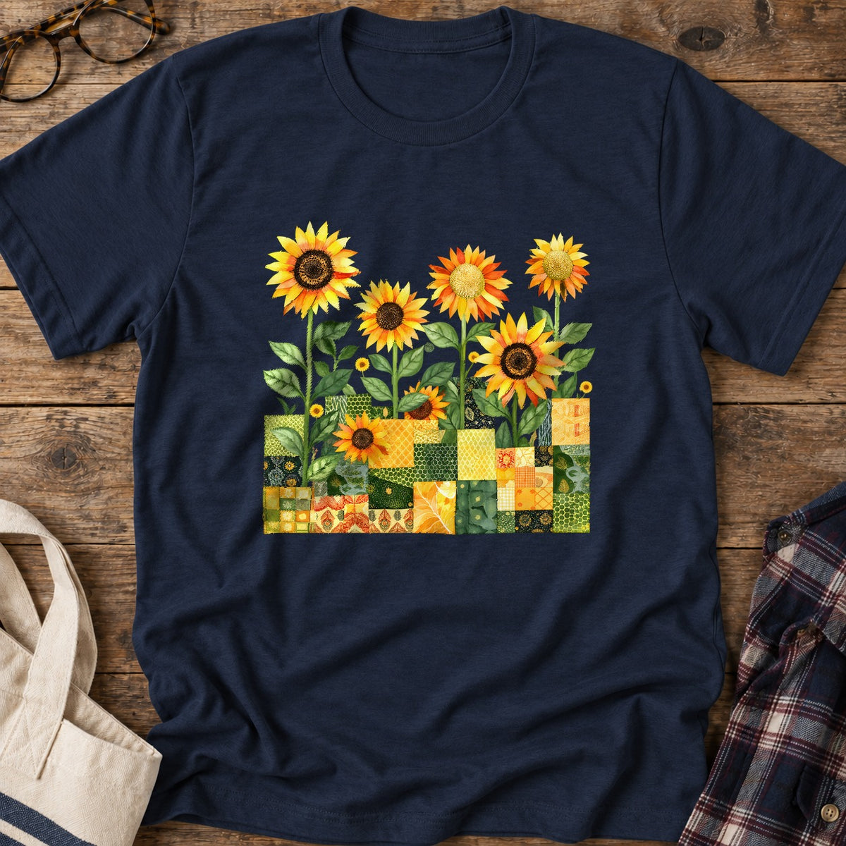 Quilted Sunflower Field T-Shirt in Navy