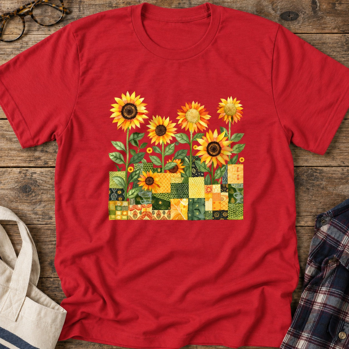 Quilted Sunflower Field T-Shirt in Red