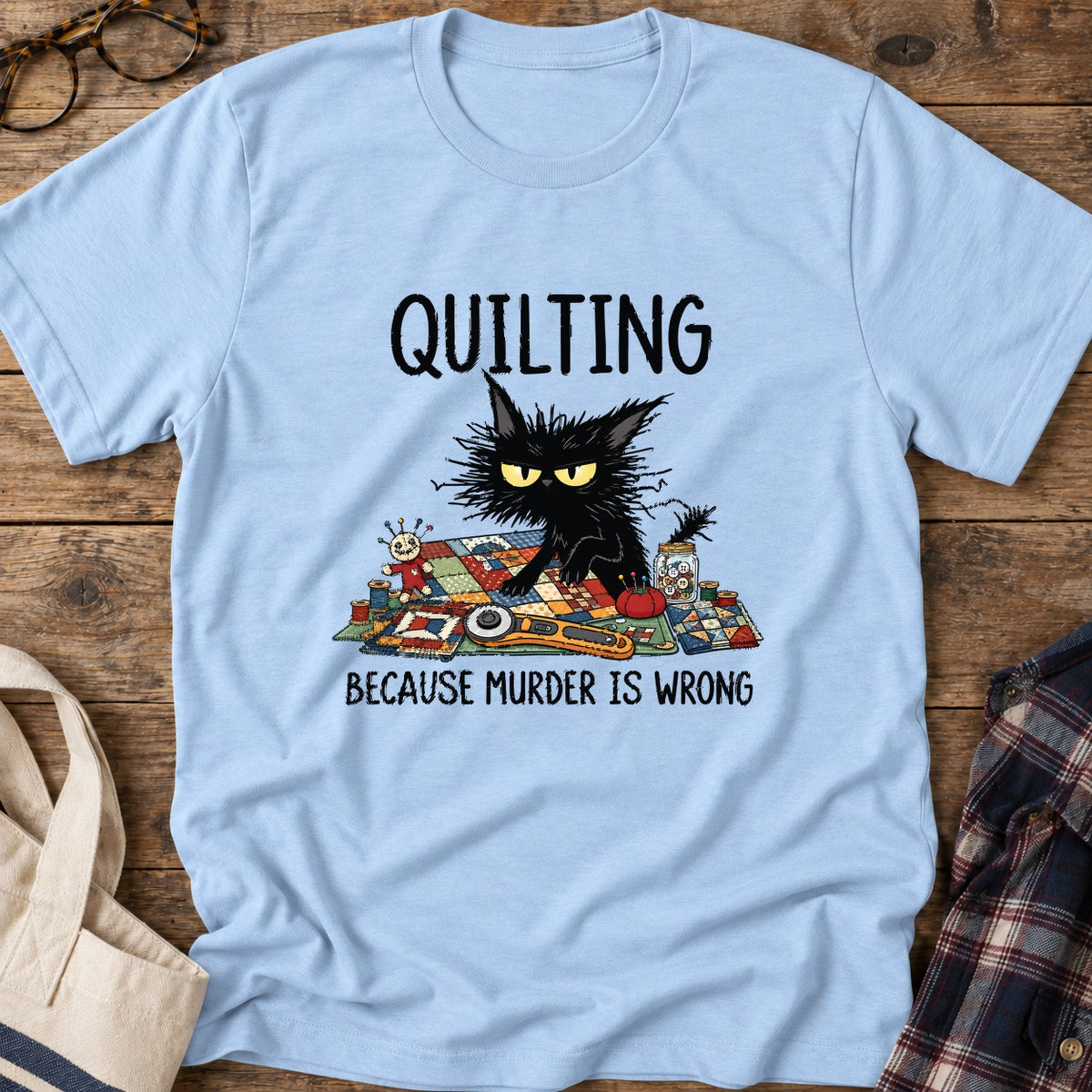Grumpy Quilter Cat T-Shirt in Light Blue