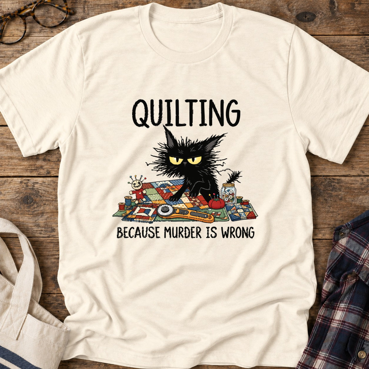 Grumpy Quilter Cat T-Shirt in Natural