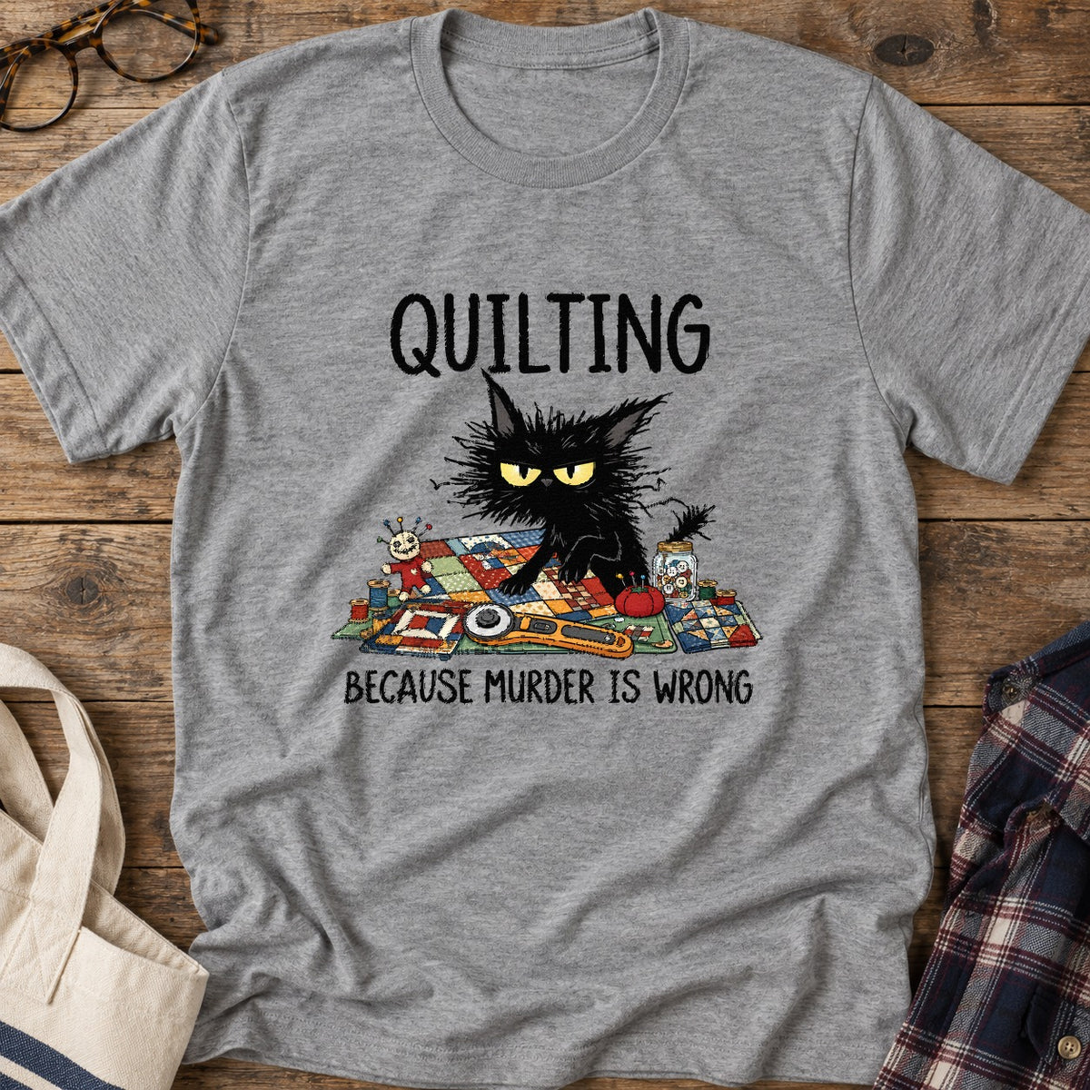 Grumpy Quilter Cat T-Shirt in Sport Grey