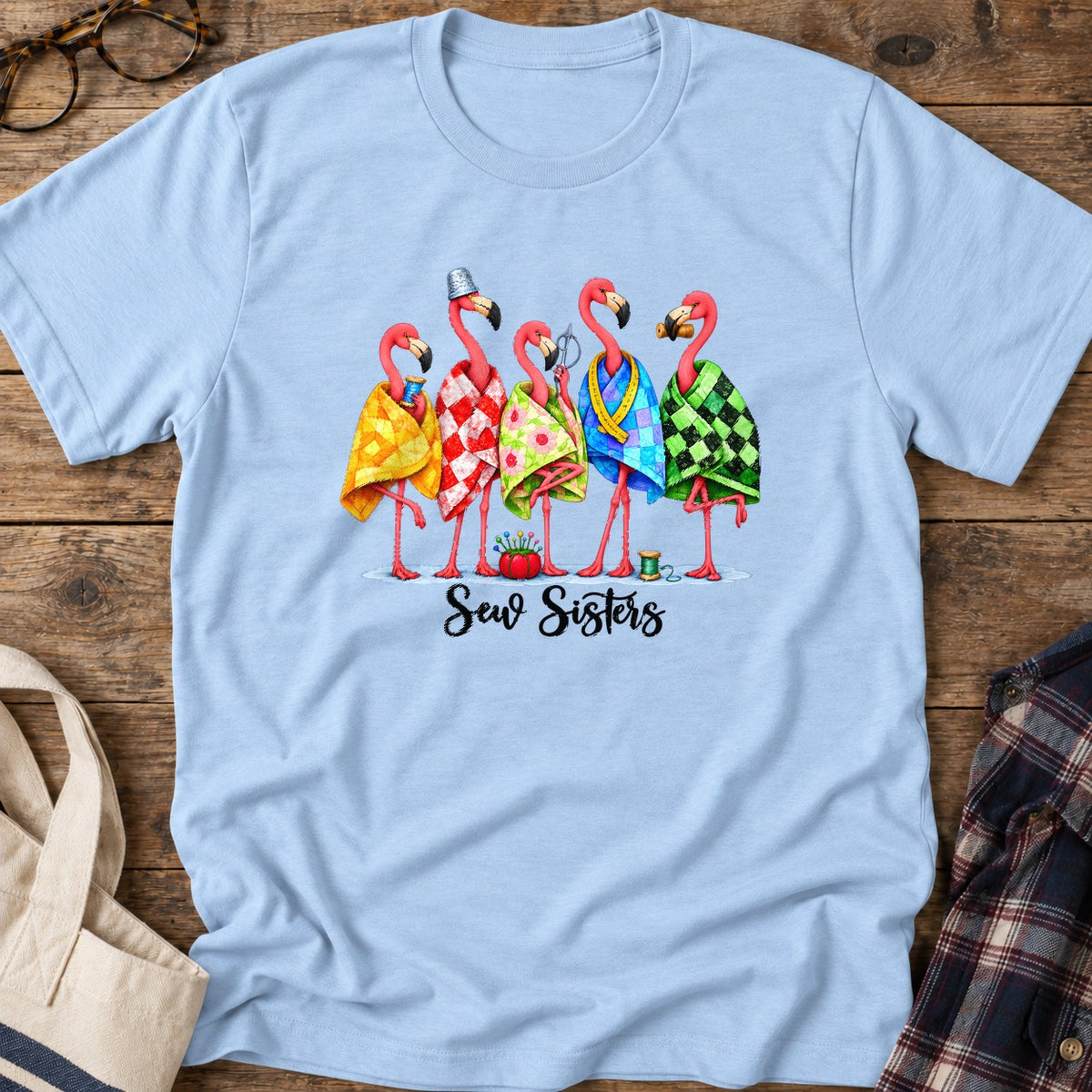 Flamingo Sew Sisters T-Shirt in Light Blue