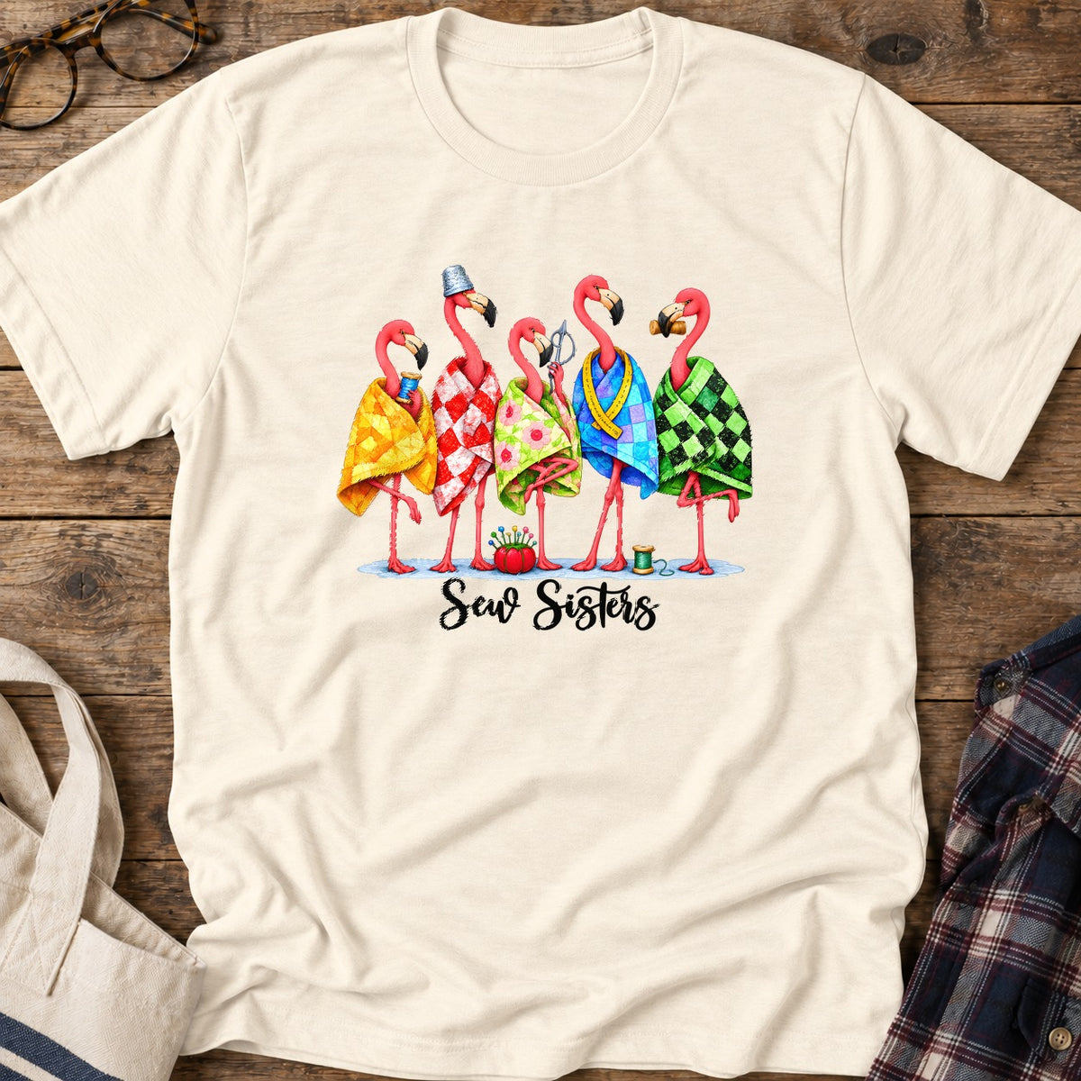 Flamingo Sew Sisters T-Shirt in Natural