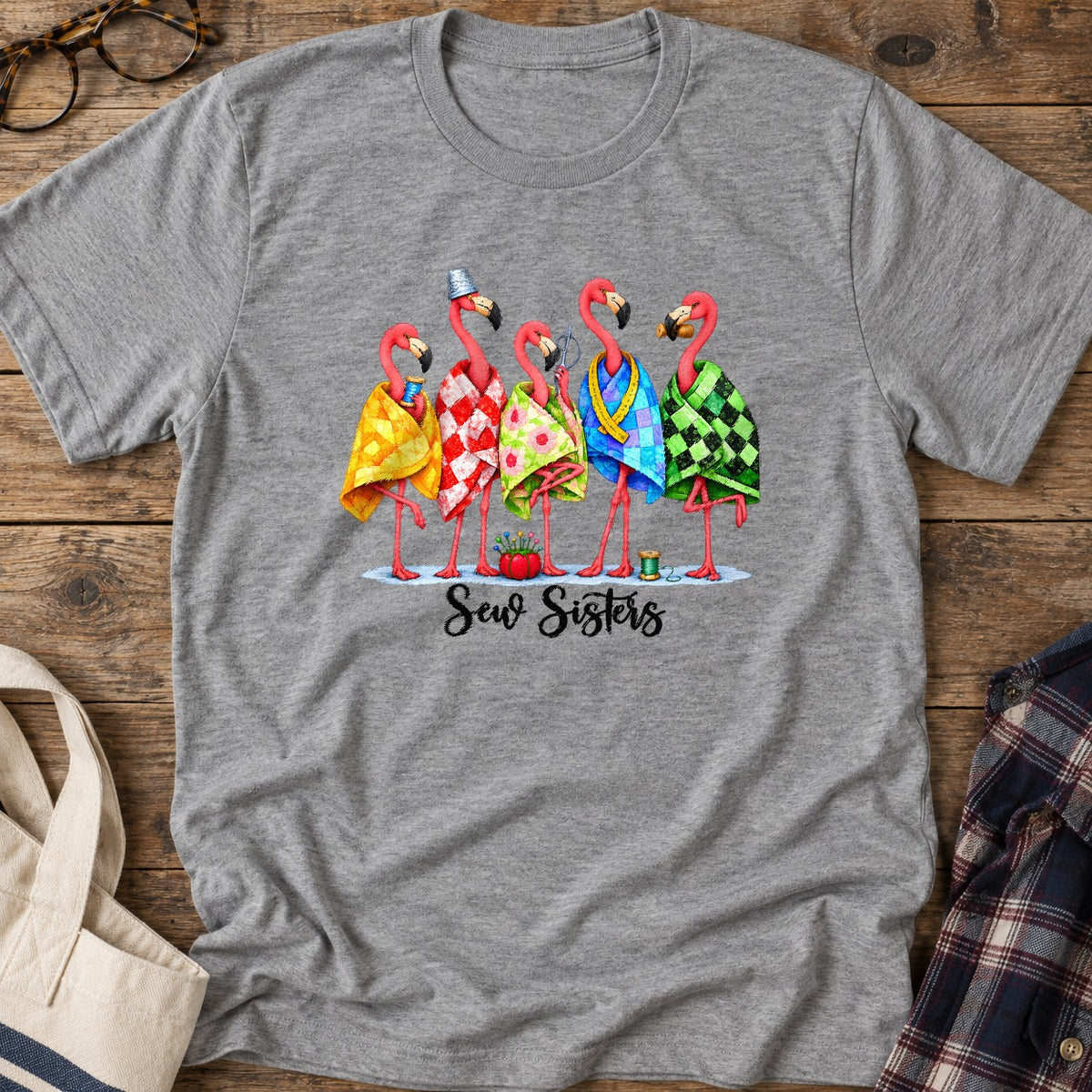 Flamingo Sew Sisters T-Shirt in Sport Grey