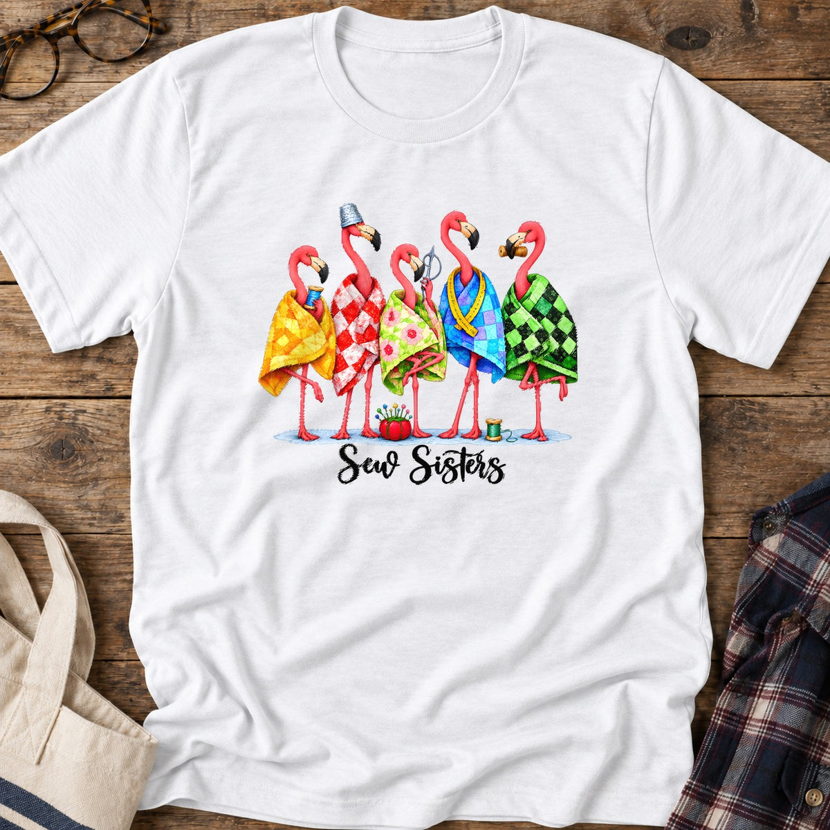 Flamingo Sew Sisters T-Shirt in White