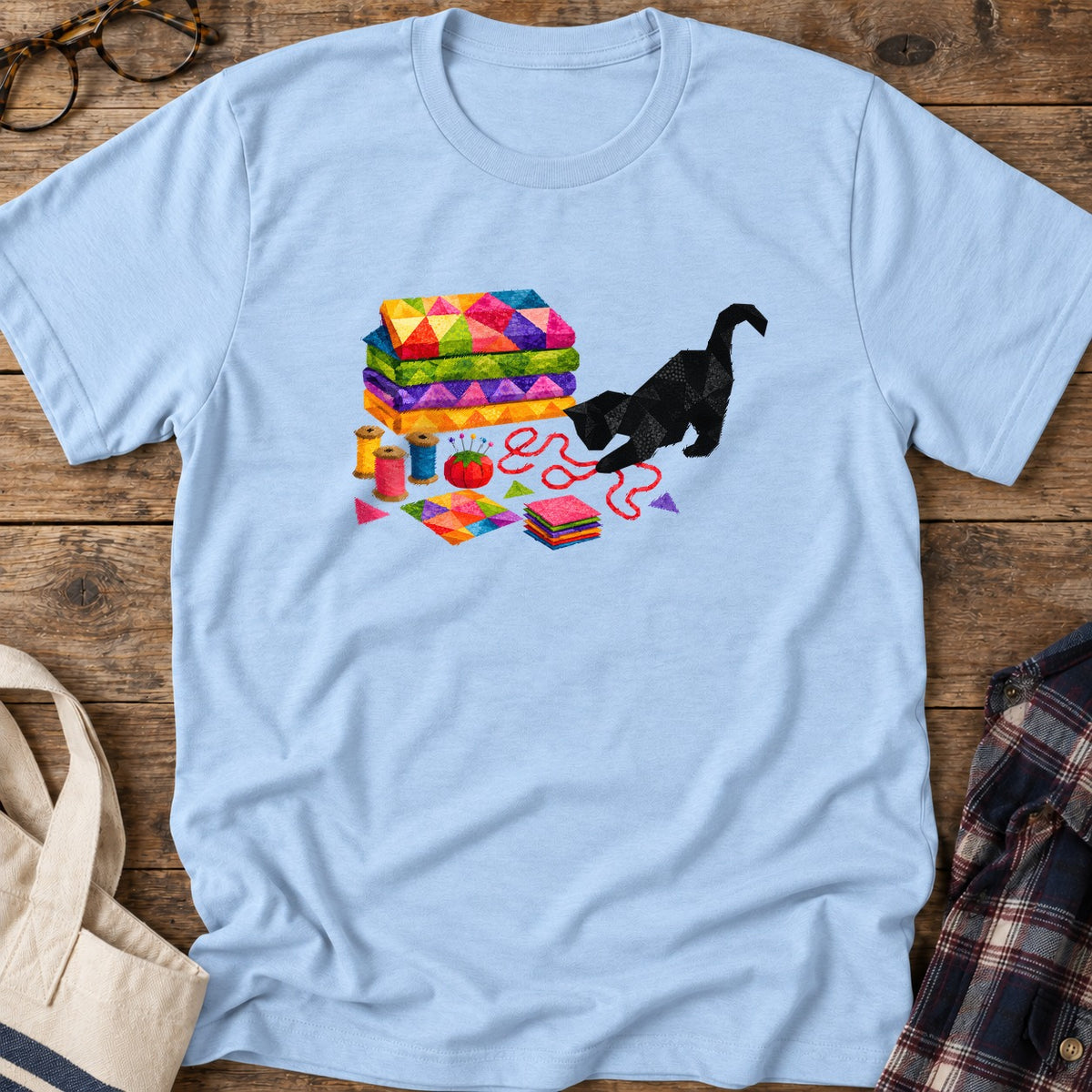 Rainbow Fabric Cat T-Shirt in Light Blue