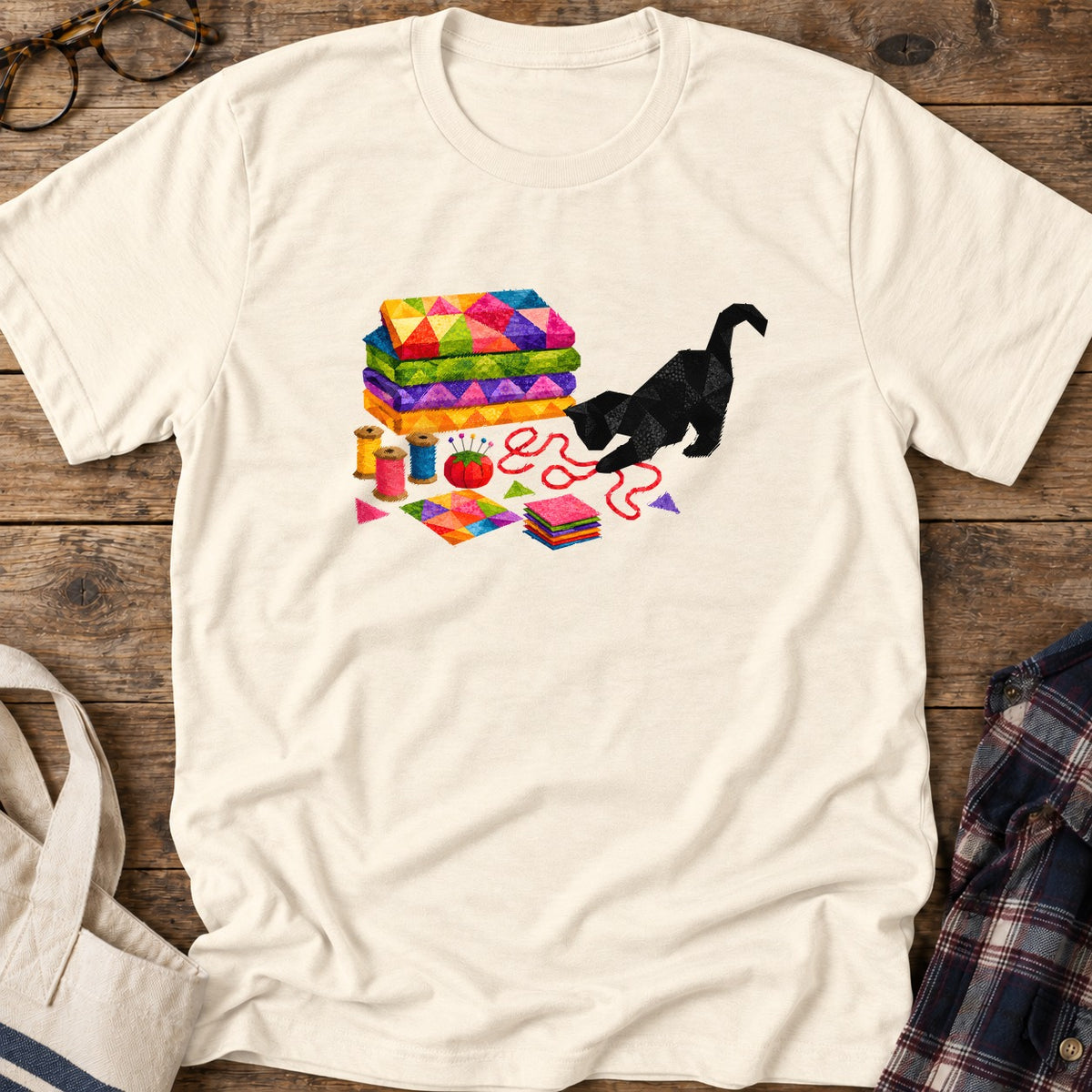 Rainbow Fabric Cat T-Shirt in Natural