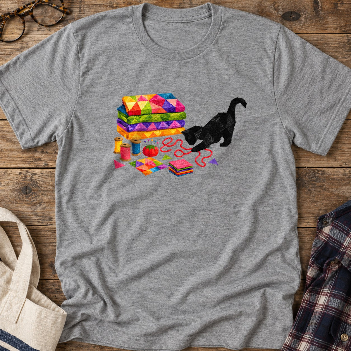 Rainbow Fabric Cat T-Shirt in Sport Grey