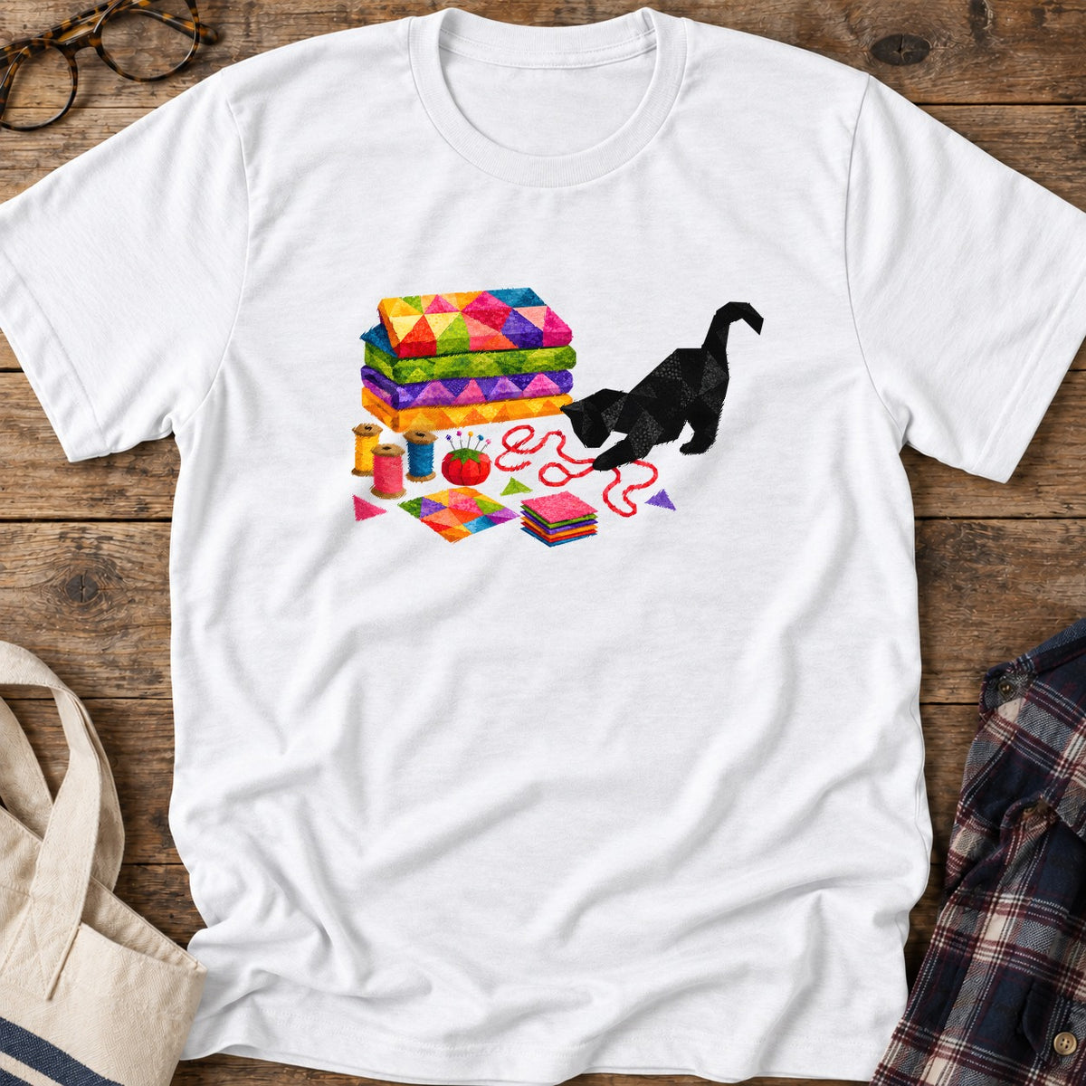 Rainbow Fabric Cat T-Shirt in White