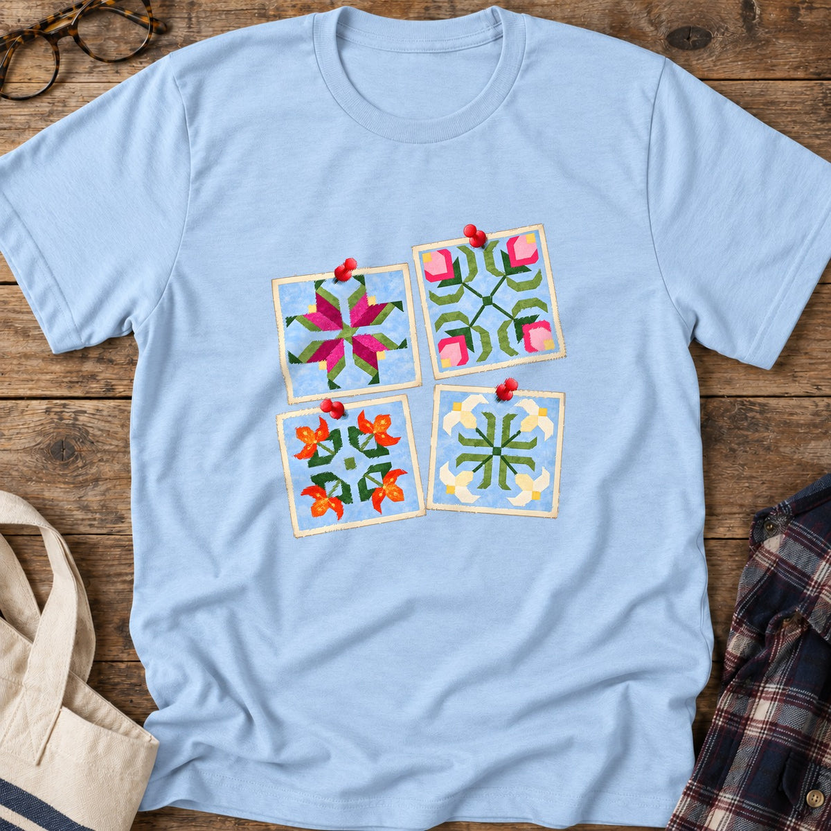Quilt Block Notes T-Shirt in Light Blue