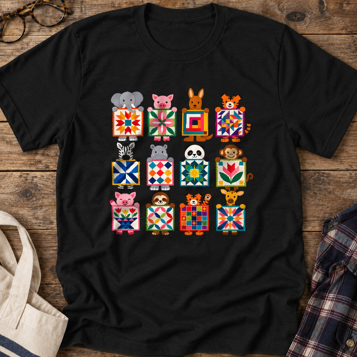 Animal Quilt Blocks T-Shirt in Black