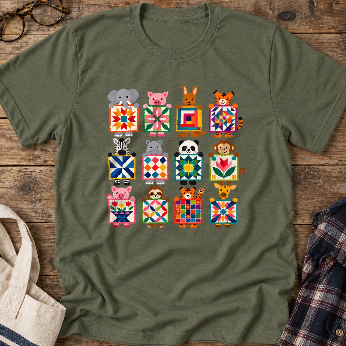 Animal Quilt Blocks T-Shirt in Military Green
