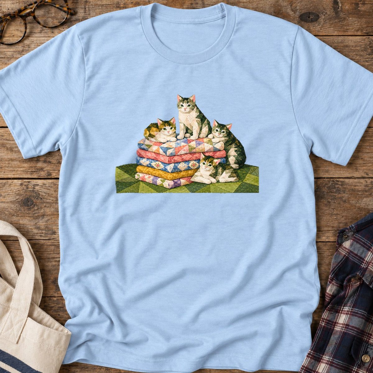 Fabric Stack Kittens T-Shirt in Light Blue