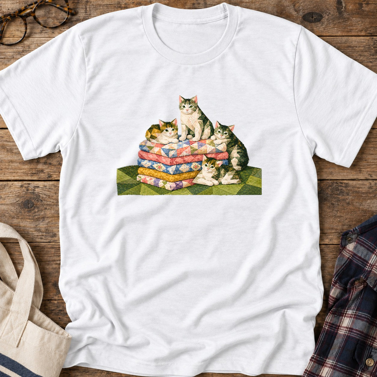 Fabric Stack Kittens T-Shirt in White