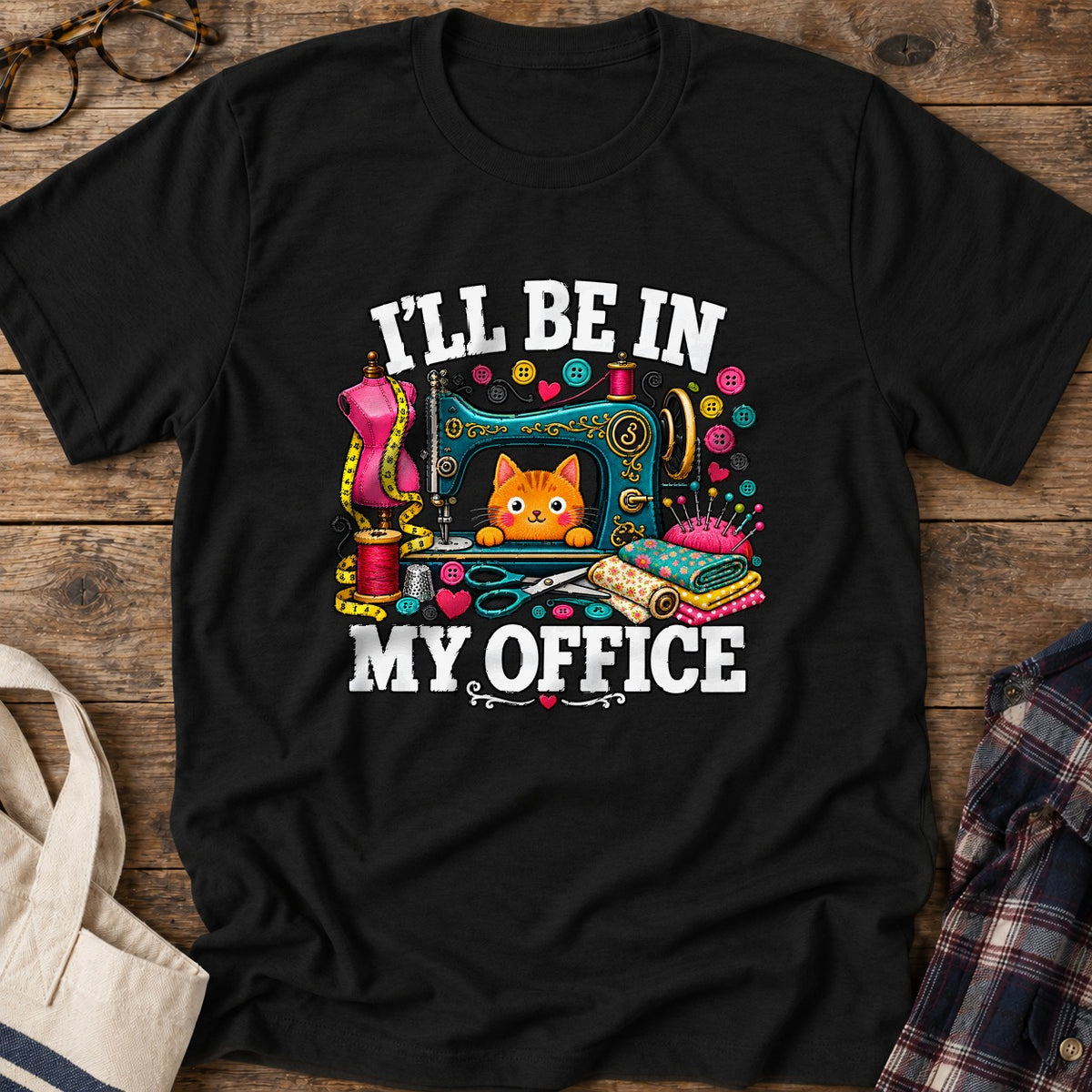 Sewing Office Cat T-Shirt in Black