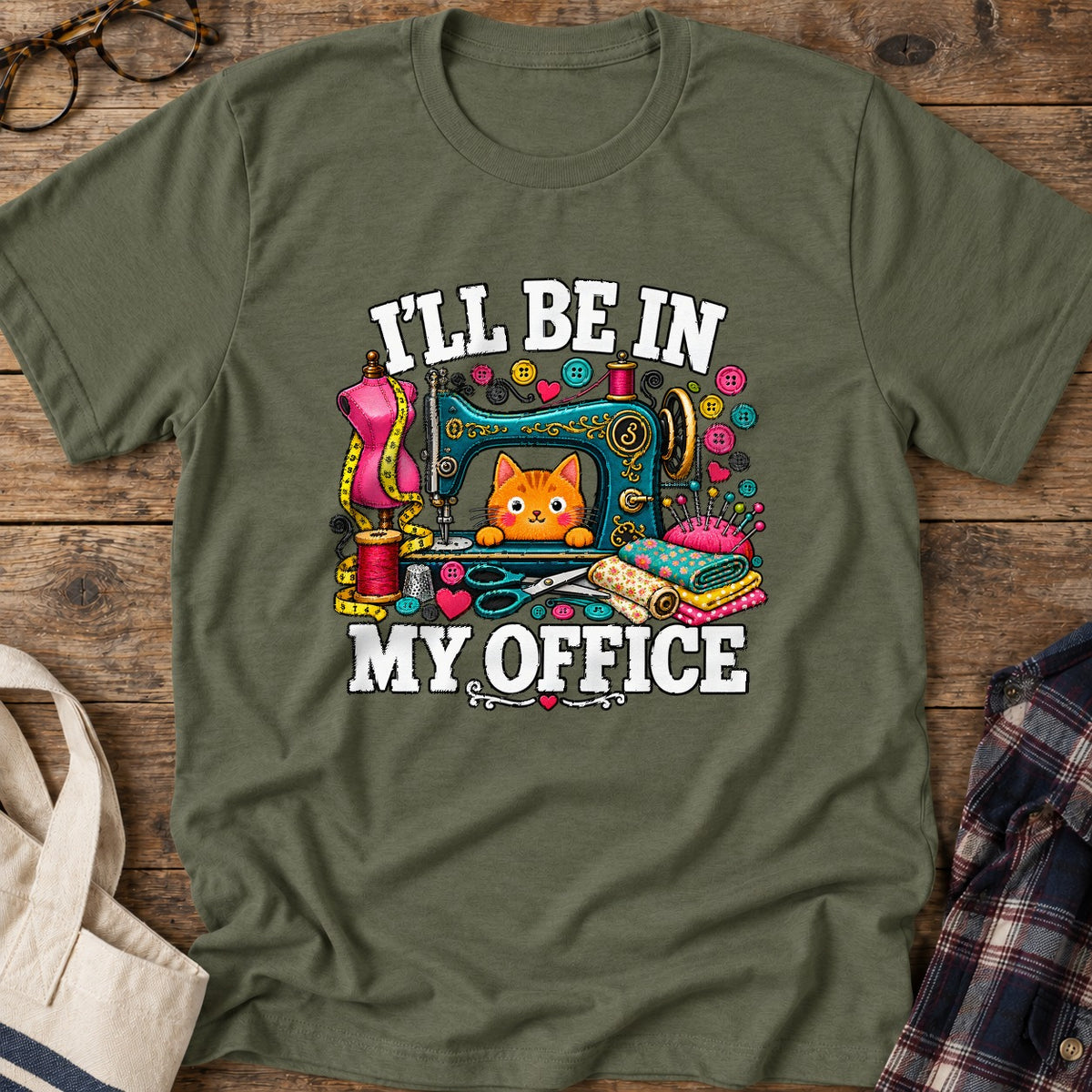 Sewing Office Cat T-Shirt in Military Green