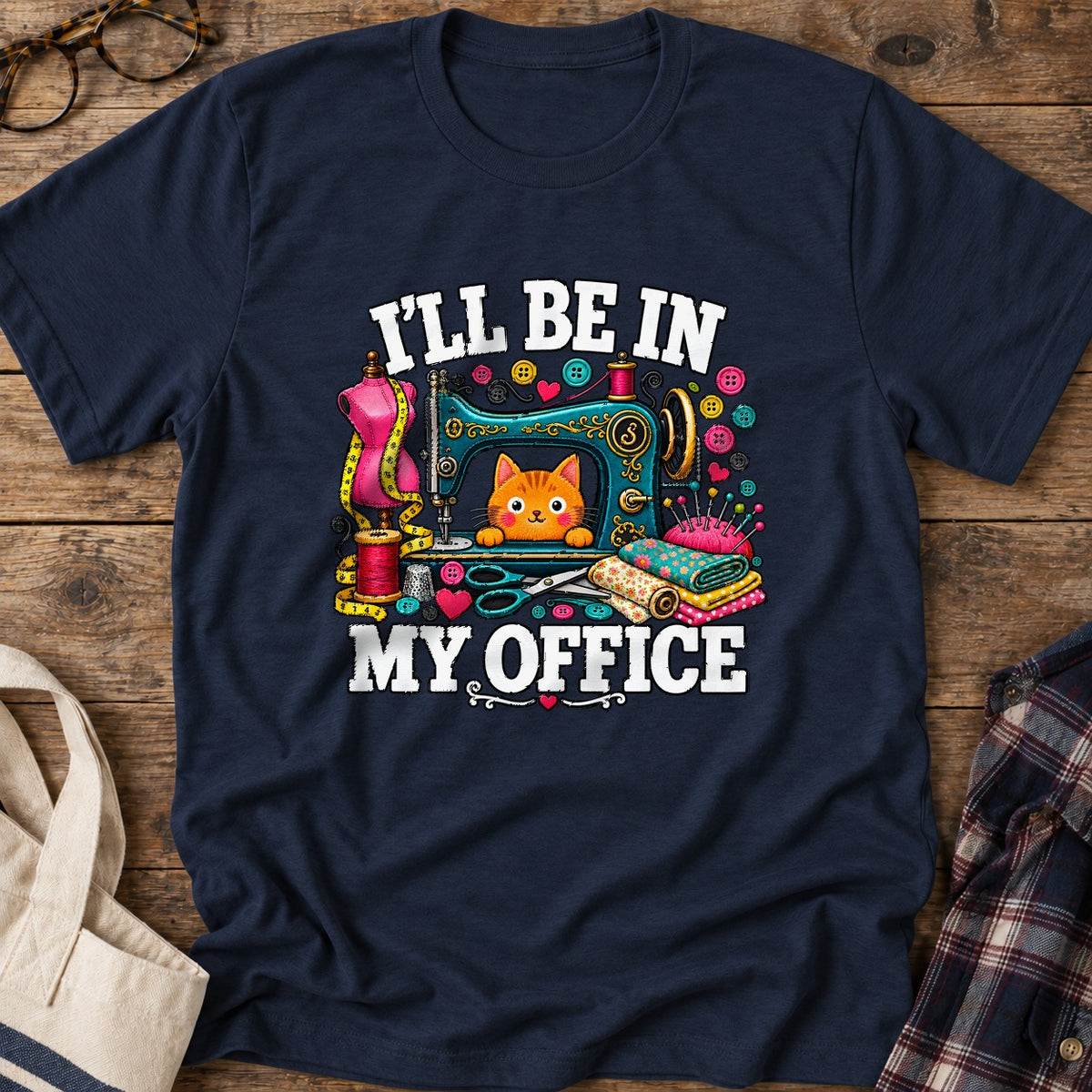 Sewing Office Cat T-Shirt in Navy