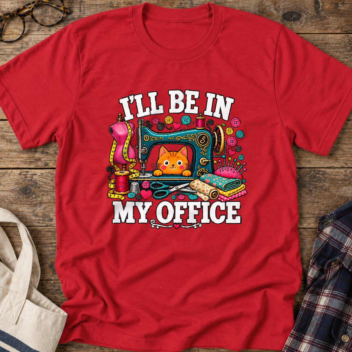 Sewing Office Cat T-Shirt in Red