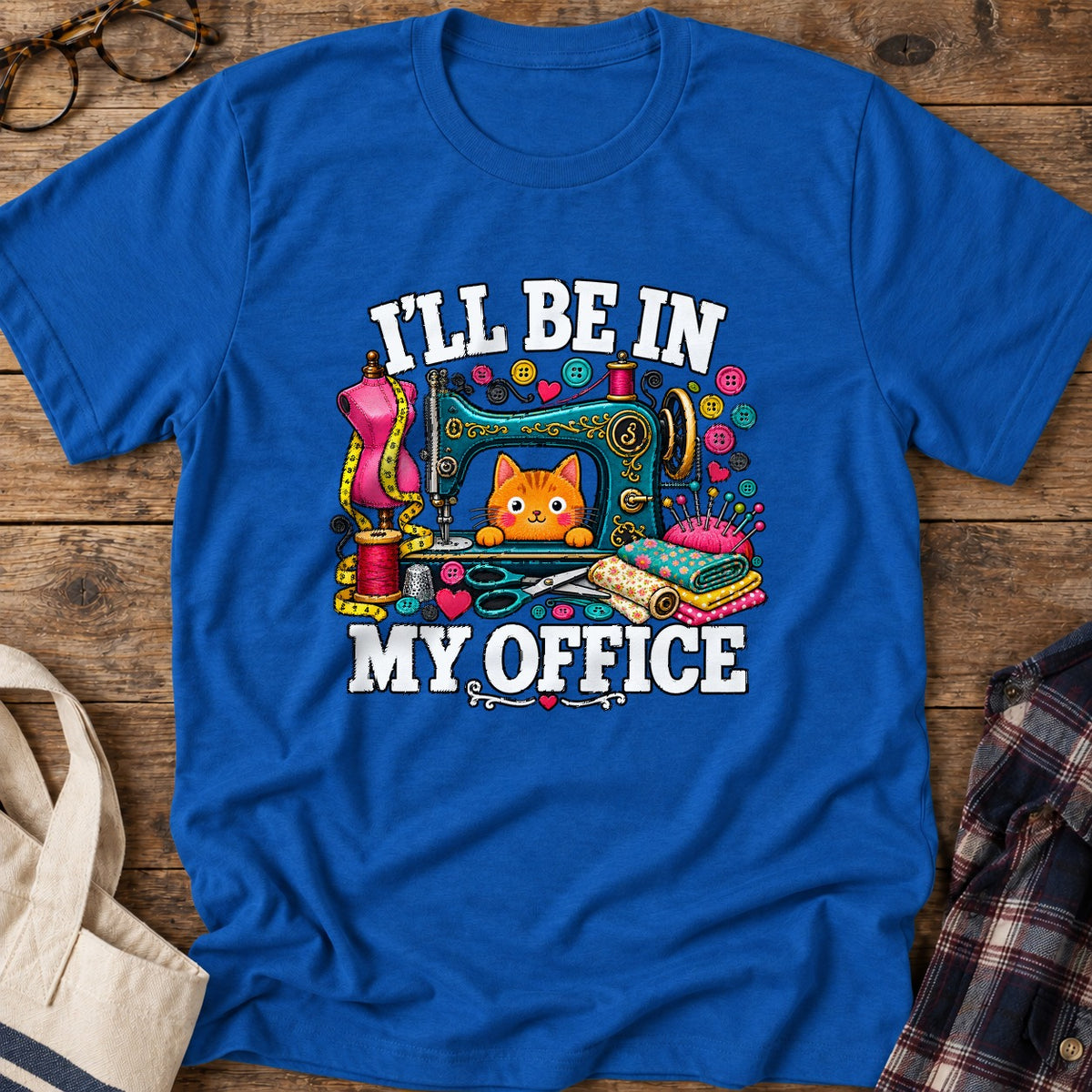 Sewing Office Cat T-Shirt in Royal