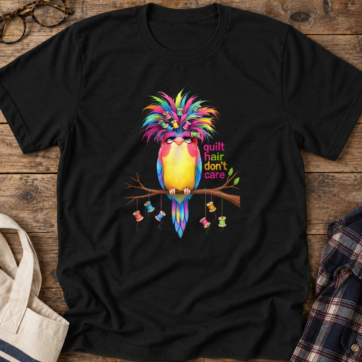 Quilt Hair Bird T-Shirt in Black