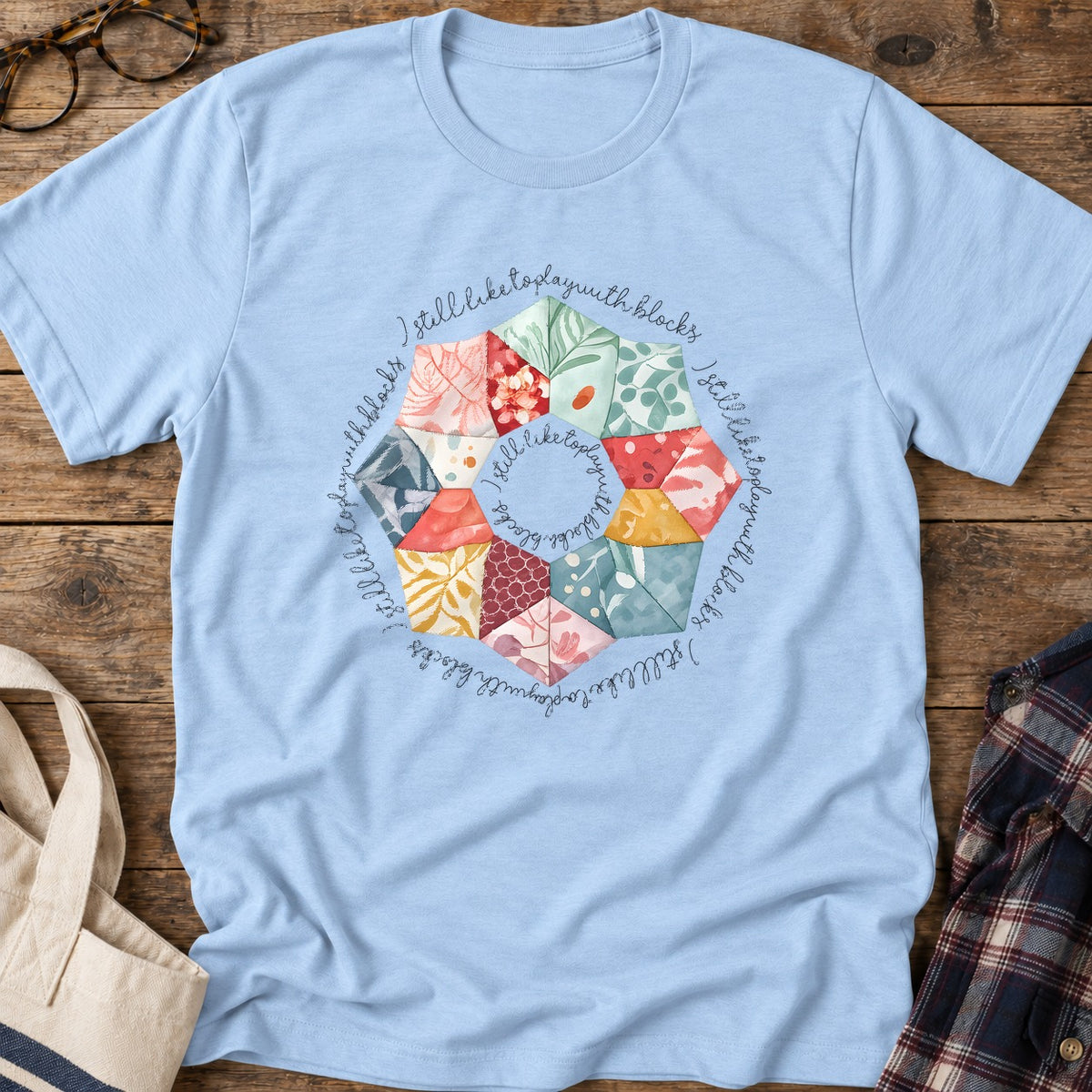 Playful Quilt Blocks T-Shirt in Light Blue