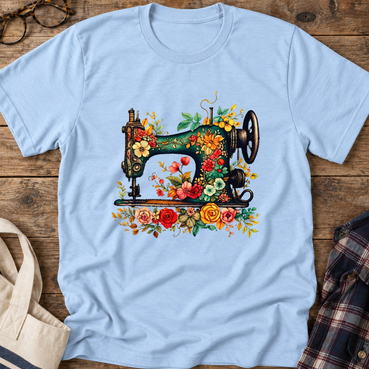 Floral Sewing Machine T-Shirt in Light Blue