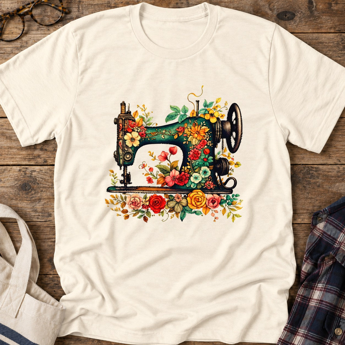 Floral Sewing Machine T-Shirt in Natural