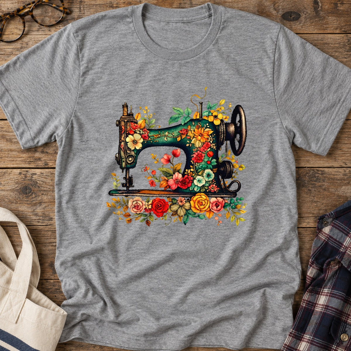 Floral Sewing Machine T-Shirt in Sport Grey
