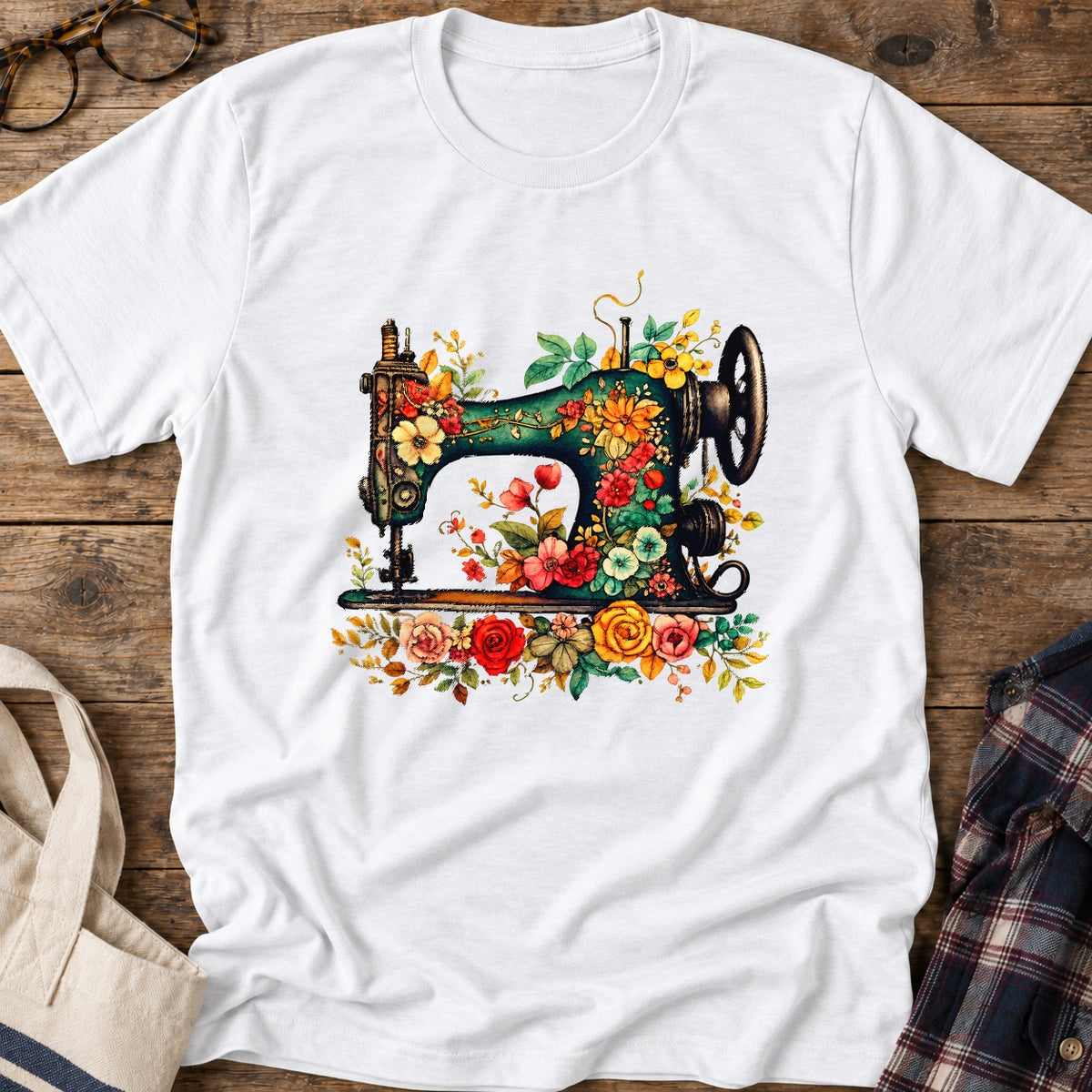 Floral Sewing Machine T-Shirt in White