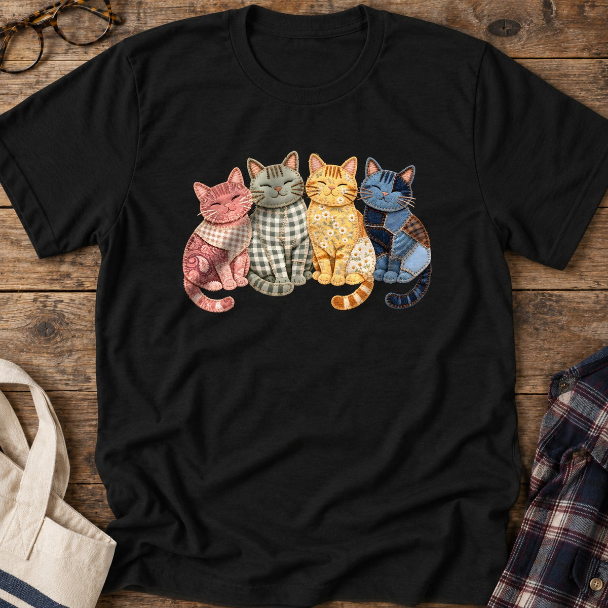 Faux Patchwork Cats T-Shirt in Black