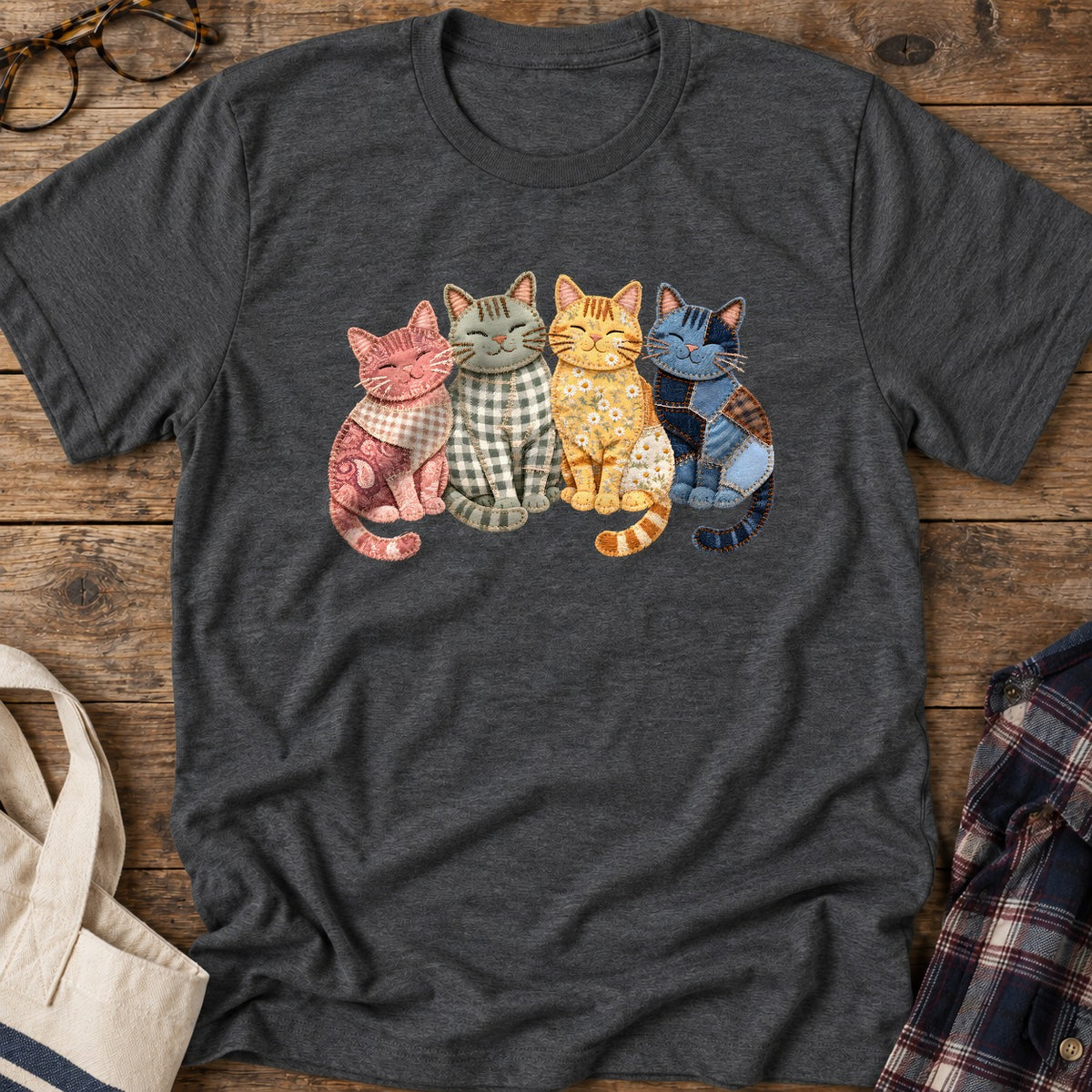 Faux Patchwork Cats T-Shirt in Dark Heather