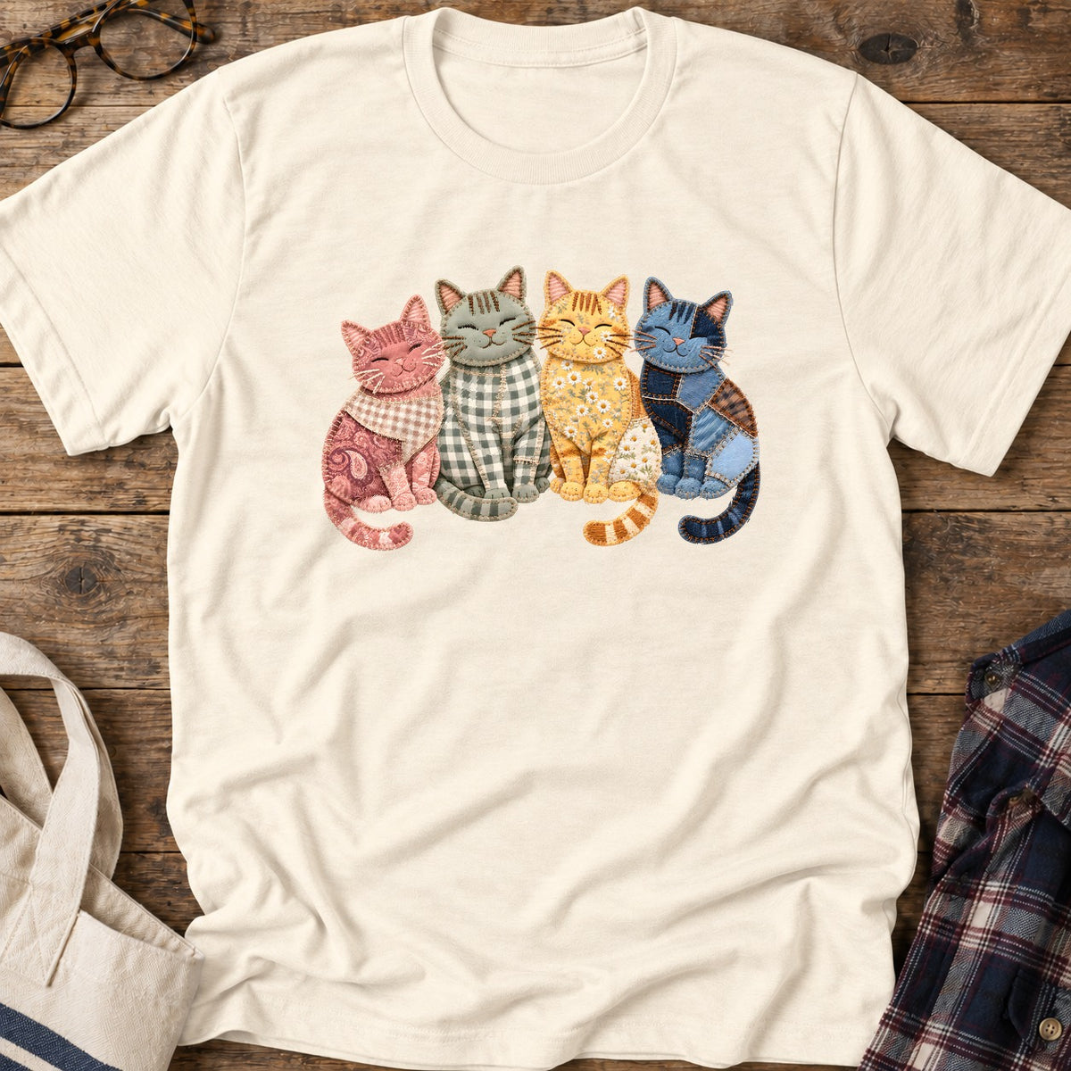 Faux Patchwork Cats T-Shirt in Natural