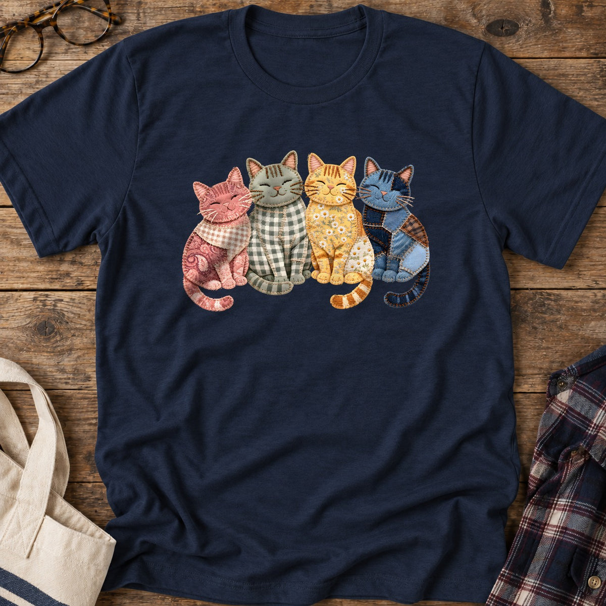 Faux Patchwork Cats T-Shirt in Navy