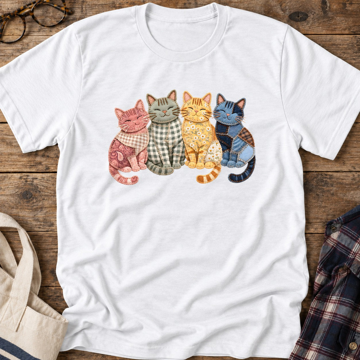 Faux Patchwork Cats T-Shirt in White