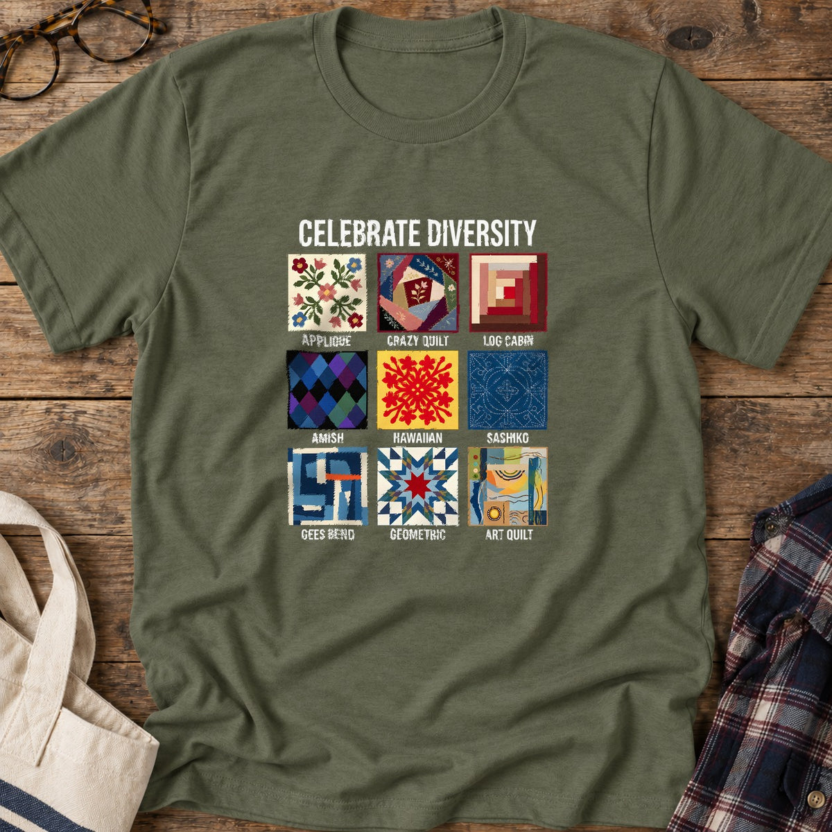 Patchwork Diversity T-Shirt in Military Green