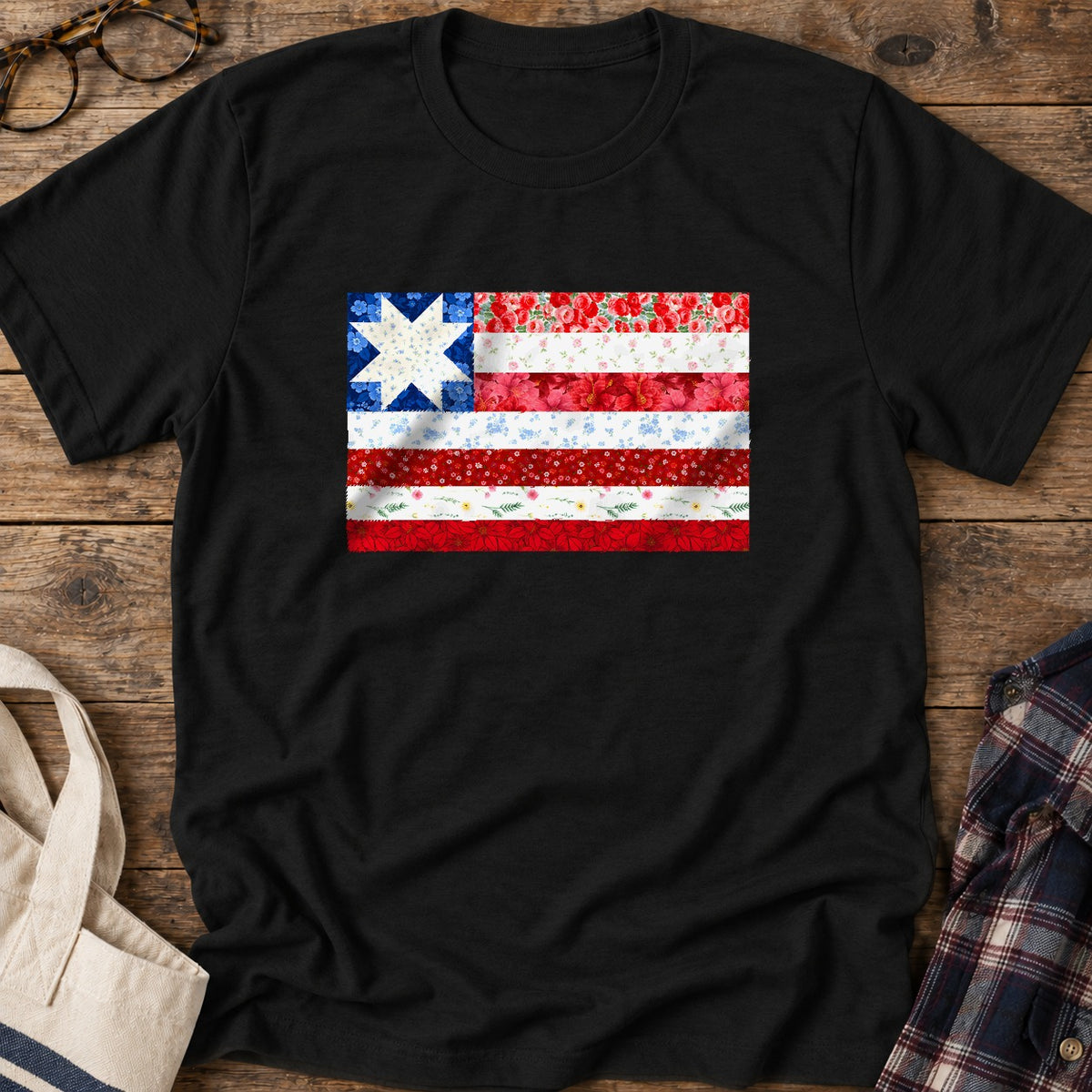 Quilt Star Flag T-Shirt in Black