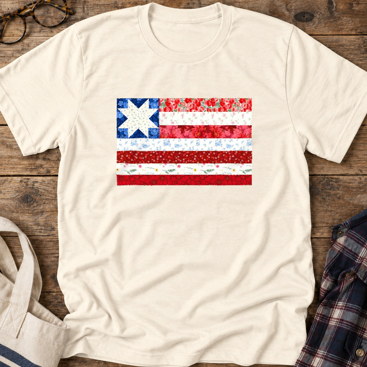 Quilt Star Flag T-Shirt in Natural