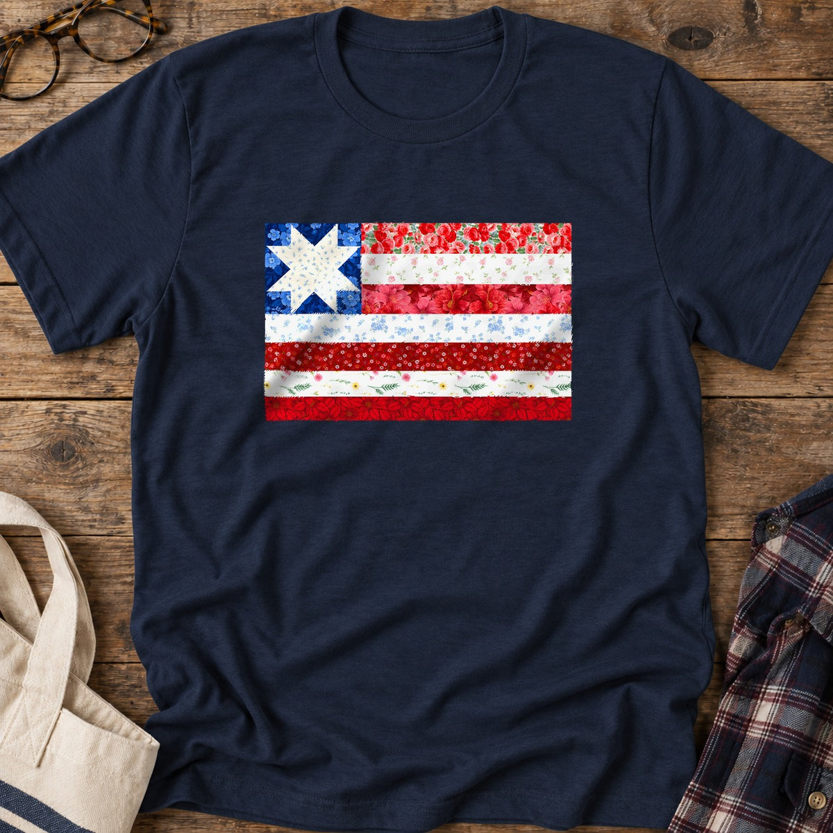 Quilt Star Flag T-Shirt in Navy