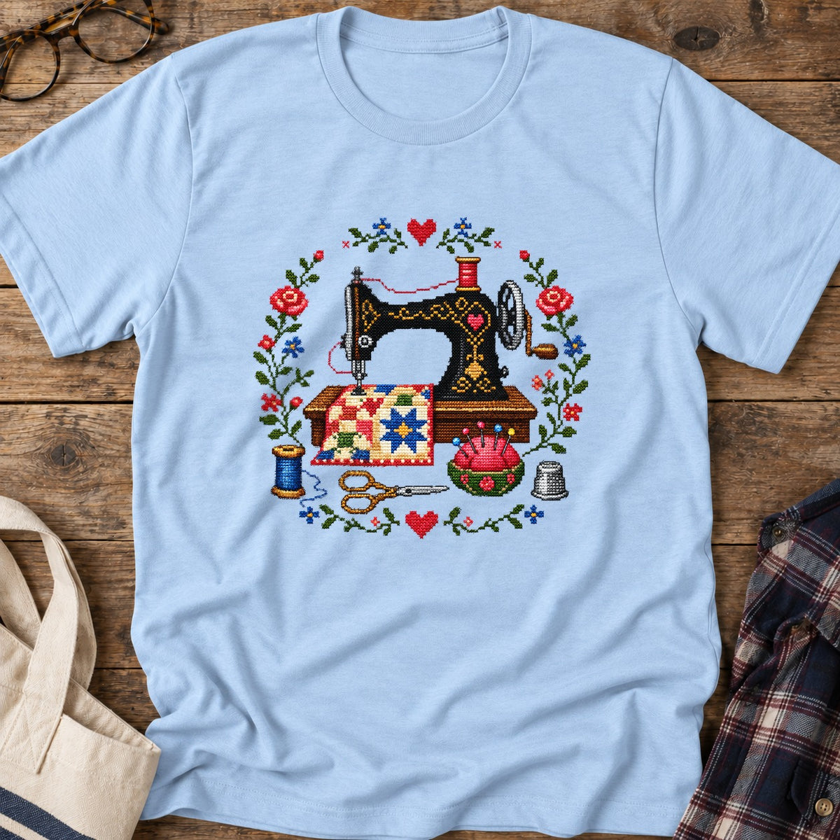 Cross Stitch Machine T-Shirt in Light Blue
