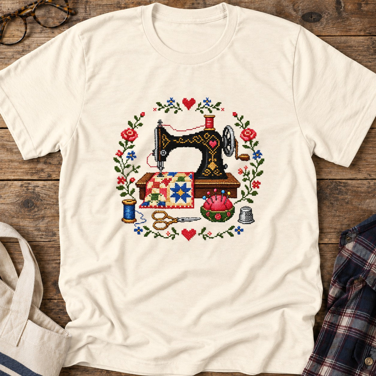 Cross Stitch Machine T-Shirt in Natural