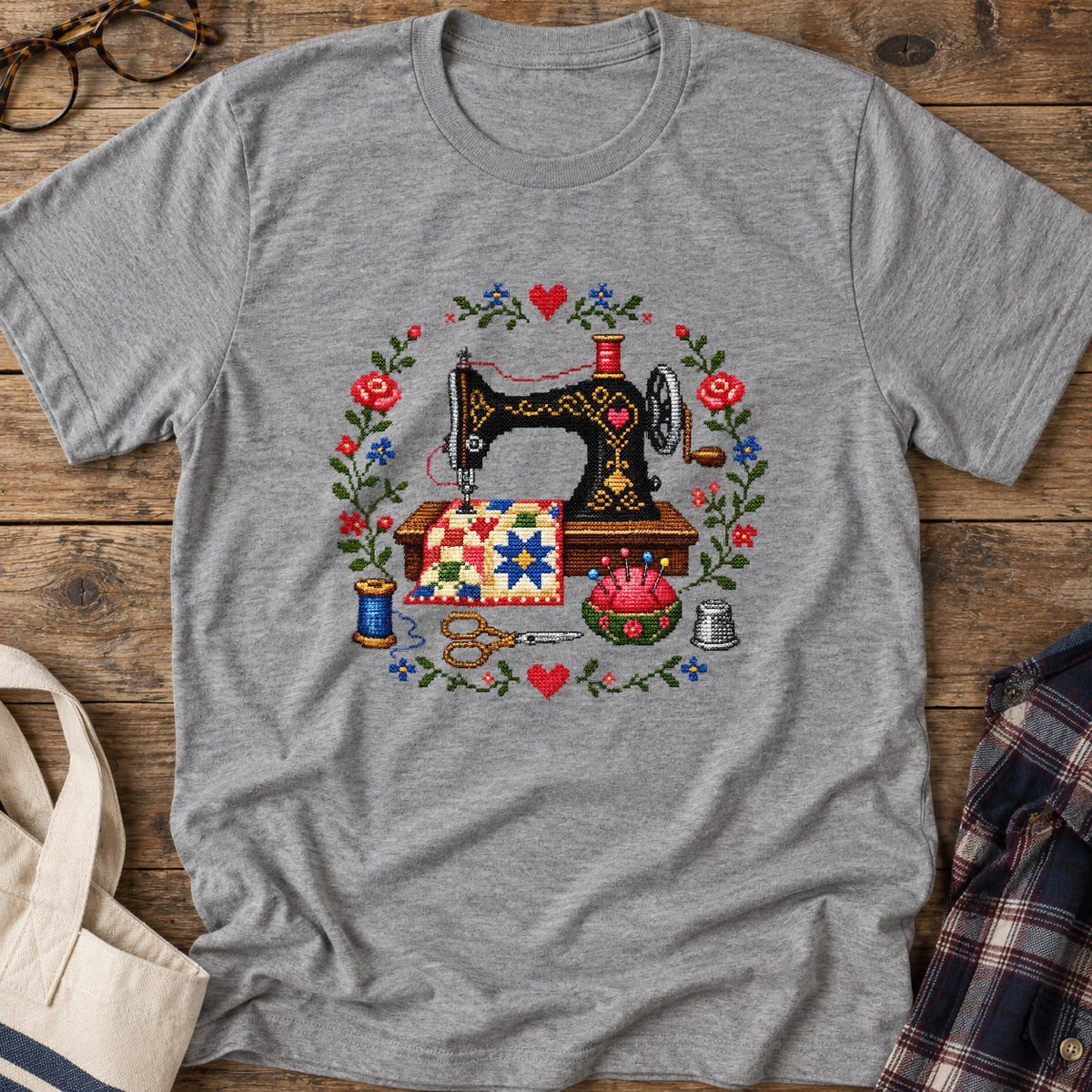 Cross Stitch Machine T-Shirt in Sport Grey