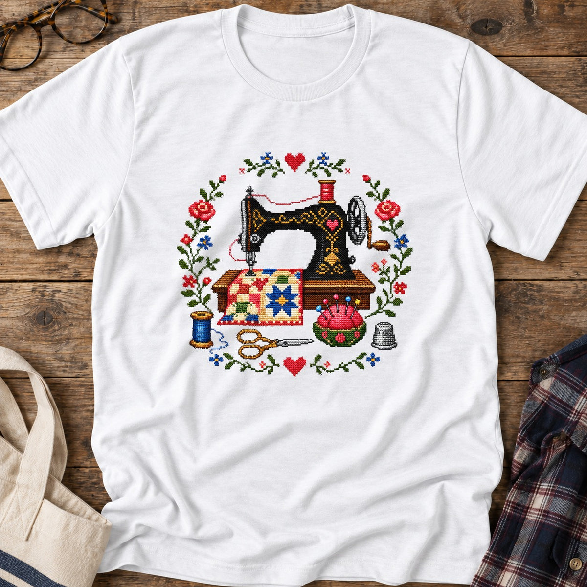 Cross Stitch Machine T-Shirt in White