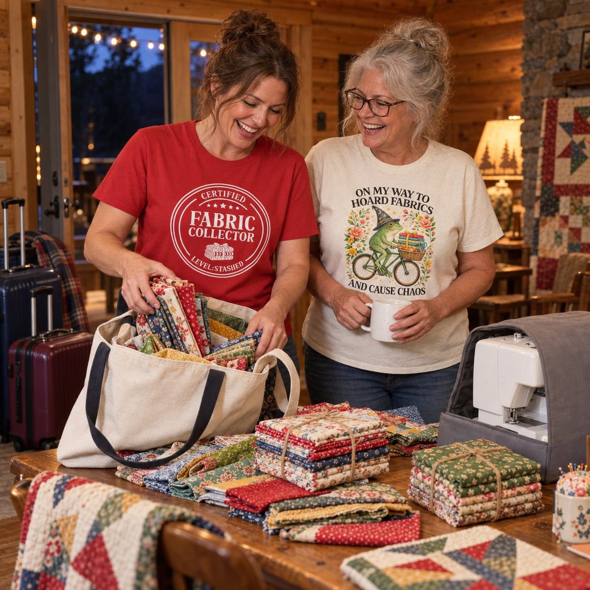 Friends unpacking fat quarters at a quilting retreat in Certified Fabric Collector and Hoard Fabrics tees
